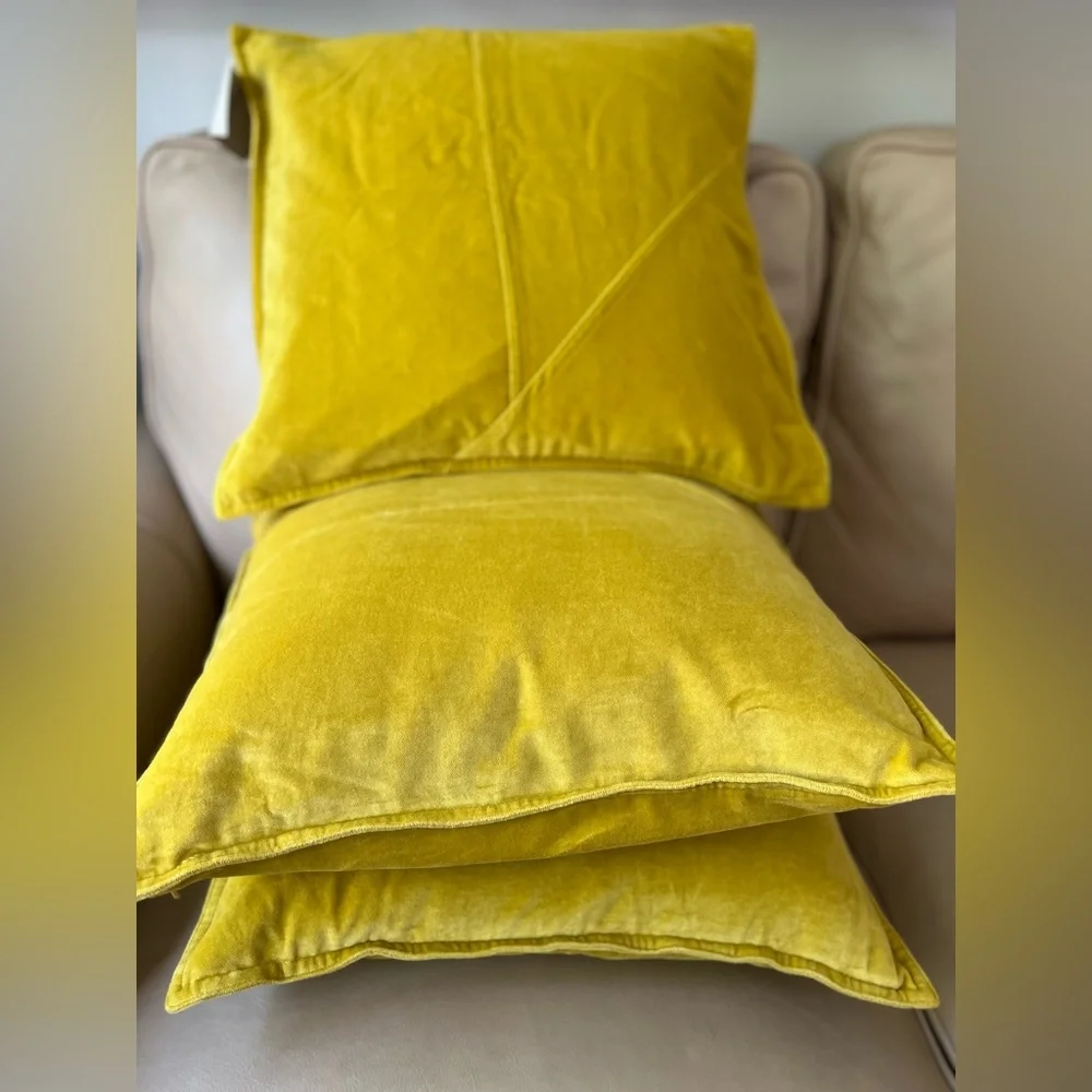 West Elm Velvet Washable Throw Pillow Cover Case Gold Yellow 18x18 Boho Chic